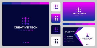 İlham logosu L harfi soyut teknoloji stili ve gradyan renk. İş, internet ve teknoloji ikonları. Kartvizit şablonu.