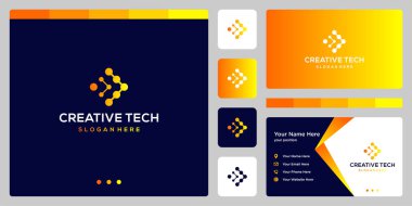 Teknoloji stili ve renk ayrımı ile ilham verici ok logosu şekli. İş, internet ve teknoloji ikonları. Kartvizit tasarım şablonu.