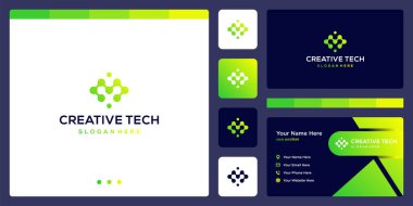 ilham logosu ilk harf M soyut teknoloji stili ve gradyan renk. İş, internet ve teknoloji ikonları. Kartvizit şablonu.