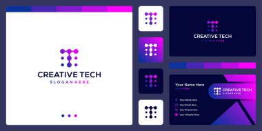 İlham logosu T harfi soyut teknoloji stili ve gradyan renk. İş, internet ve teknoloji ikonları. Kartvizit şablonu.