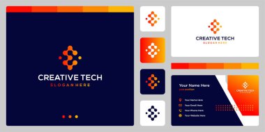ilham logosu ilk harf E soyut teknoloji stili ve gradyan renk. İş, internet ve teknoloji ikonları. Kartvizit şablonu.
