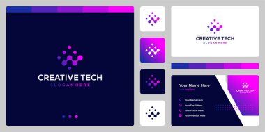 Teknoloji stili ve gradyan renk ile işaretli logo şeklinde ilham verilmiş. İş, internet ve teknoloji ikonları. Kartvizit tasarım şablonu.