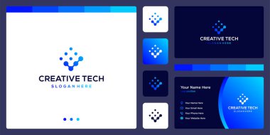 Teknoloji stili ve gradyan renk ile işaretli logo şeklinde ilham verilmiş. İş, internet ve teknoloji ikonları. Kartvizit tasarım şablonu.