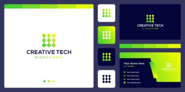 ilham logosu ilk harf W soyut teknoloji stili ve gradyan renk. İş, internet ve teknoloji ikonları. Kartvizit şablonu.