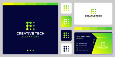 ilham logosu ilk harf F soyut teknoloji stili ve gradyan renk. İş, internet ve teknoloji ikonları. Kartvizit şablonu.
