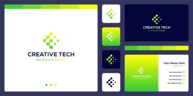 ilham logosu ilk harf F soyut teknoloji stili ve gradyan renk. İş, internet ve teknoloji ikonları. Kartvizit şablonu.