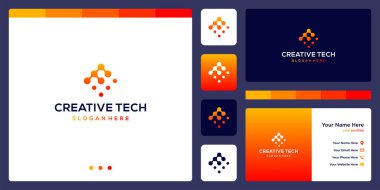 ilham logosu ilk harf F soyut teknoloji stili ve gradyan renk. İş, internet ve teknoloji ikonları. Kartvizit şablonu.