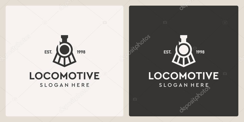 Simple vintage old locomotive train and magnifying glass logo design template.