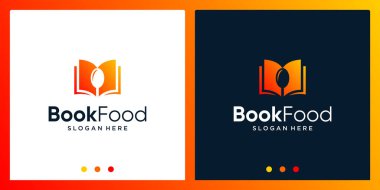 Açık kitap logosu, kaşık tasarımı logosuyla ilham veriyor. Premium Vektörü