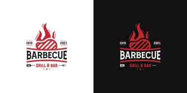 Barbekü restoranı. Barbekü, ızgara ve barın logosu, ateş, ızgara çatal ve spatula. Biftek evi logosu, biftek, barbekü, ızgara menüsü. Grunge dokusu. Vektör illüstrasyonu