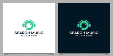 Logo tasarım şablonu Müzik. Büyüteç cam vektör tasarımlı logo kulaklığı. Premium vektörü