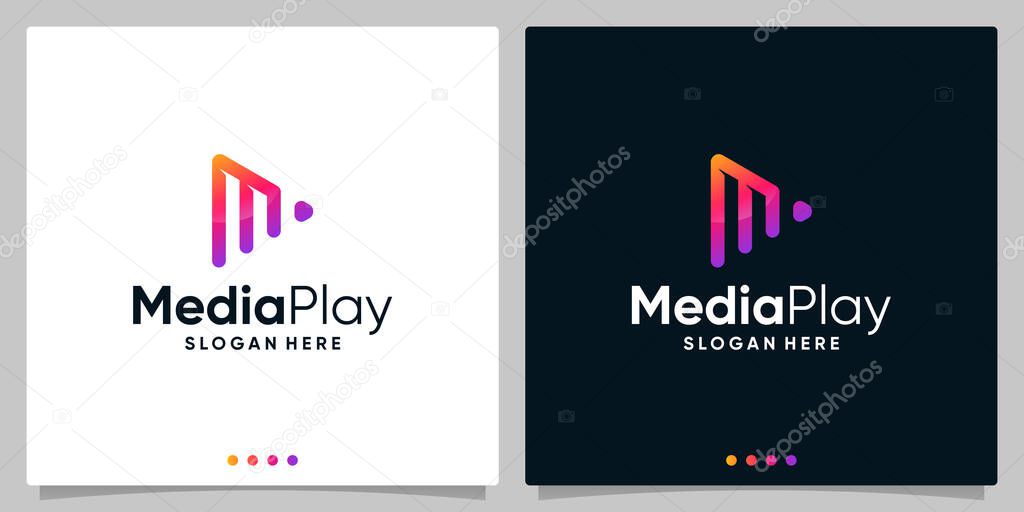 Letter M with Play button video logo design template. Premium Vector