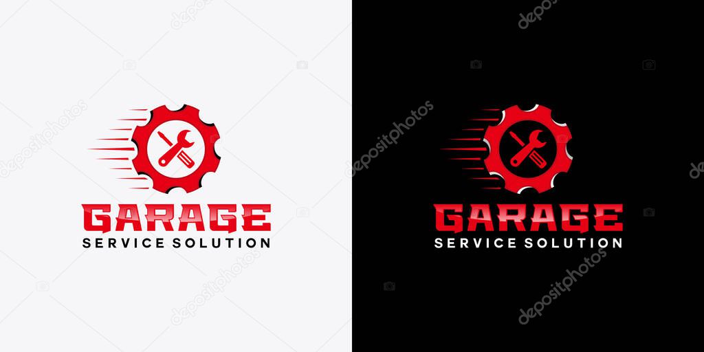 Logo for automotive services. gear shaped logo with service equipment. Premium vector