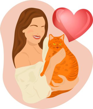 Bir kadın kızıl bir kediyi kollarında tutuyor. Hayvanlar için sevgi kavramı. Vektör