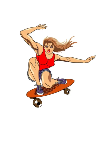Uma Mulher Bonita Atlética Monta Skate —  Vetores de Stock