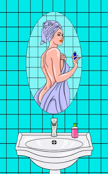 Krásná Štíhlá Žena Koupelně Odražená Zrcadle Ručníkem Hlavě — Stockový vektor