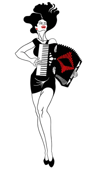 Beautiful Passionate Woman Plays Accordion — Stock Vector