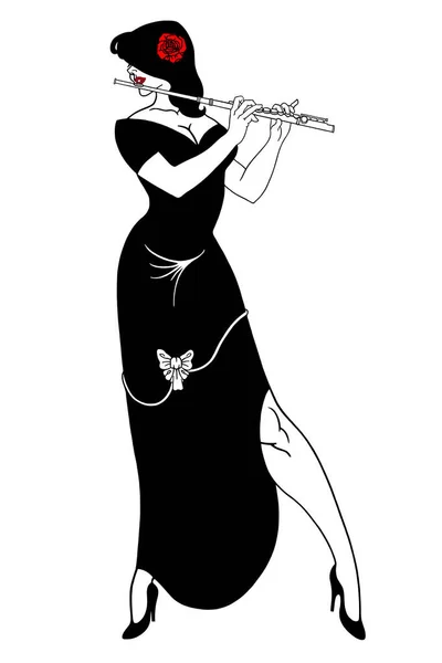 Beautiful Charming Woman Plays Flute — Wektor stockowy