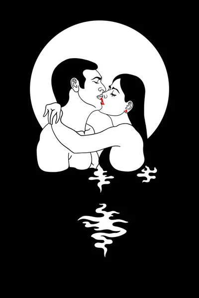 Kiss Beautiful Man Woman Background Moon Kissing Water — Vetor de Stock