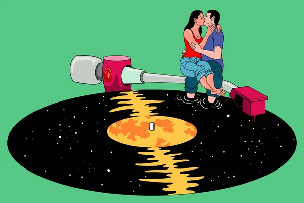 キスだ 美しい男と女の抱擁とキス 比喩だ レコード 宇宙だ ムーン — ストックベクタ