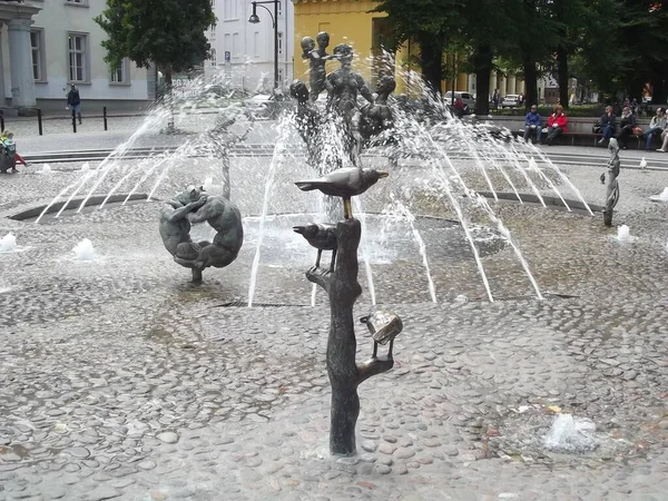 Plac Wirh Fontanna Przed Zabytkowym Ratuszem Rostocku Niemcy — Zdjęcie stockowe