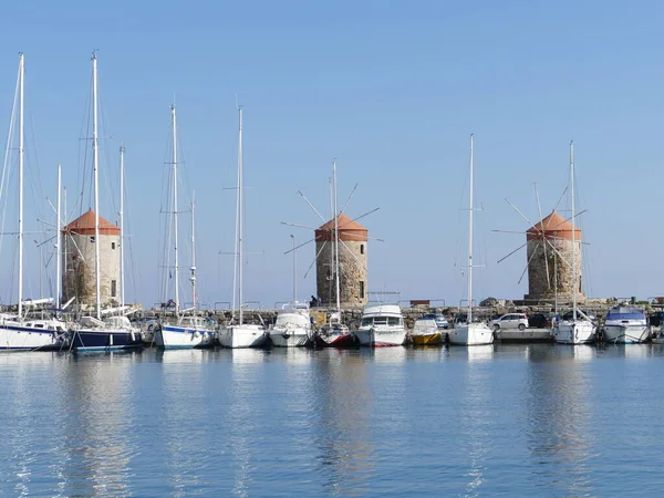 Famous Three Windmills Mandraki Port Rhodes Town Rhodes Greece — Stock Photo, Image