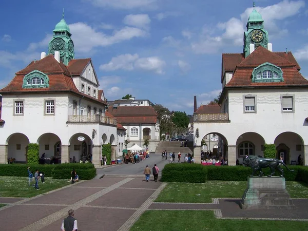 Lion Sculpture Buildings Famous Historic Art Nouveau Sprudelhof Fountain Courtyard — стоковое фото