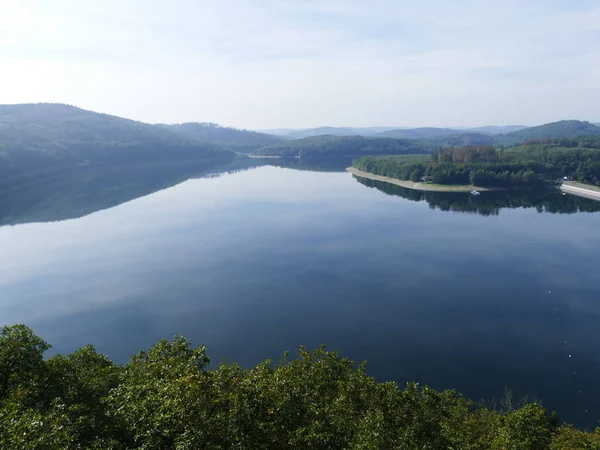 Vista Biggetalsperre Lago Bigge Sauerland Renânia Norte Vestefália Alemanha — Fotografia de Stock