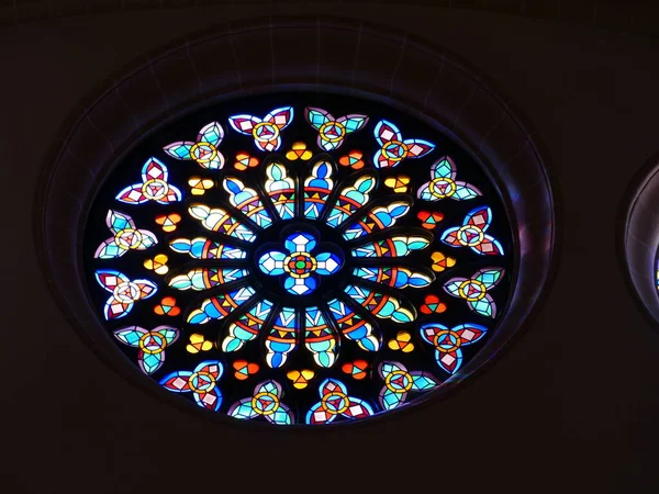 Stained Glass Window Virgin Mary Patron Health Sanctuary Palma Mallorca — Stock Photo, Image