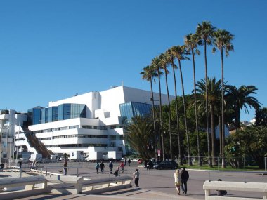 Uzun palmiye ağaçları ve Cannes, Fransa 'nın ünlü festival merkezi.