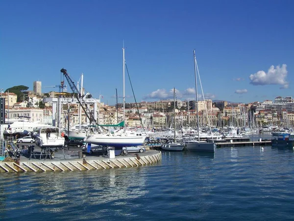 Boats Harbor Cannes France Background Left Castle — Stok fotoğraf