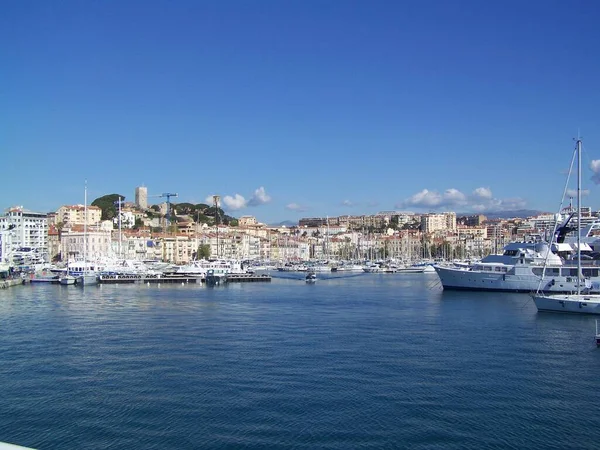 Boats Harbor Cannes France Background Left Castle — Stockfoto