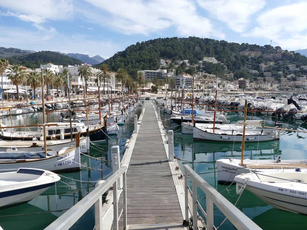 Jetty Mallorca Port Soller Limanında Balearic Adaları Spanya Arkada Tramuntana — Stok fotoğraf