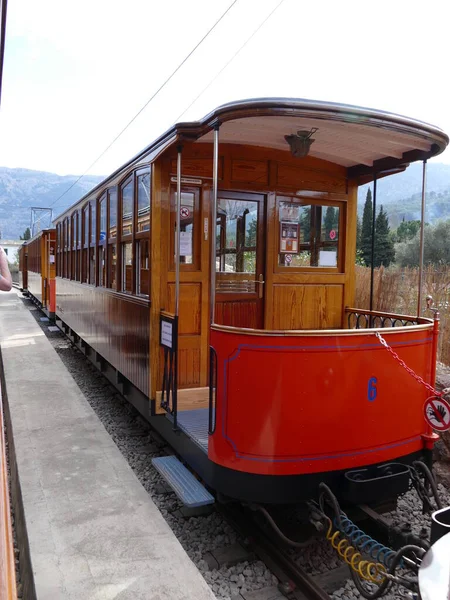 Den Historiska Röda Blixten Spårvagnen Soller Vägen Mellan Port Soller — Stockfoto