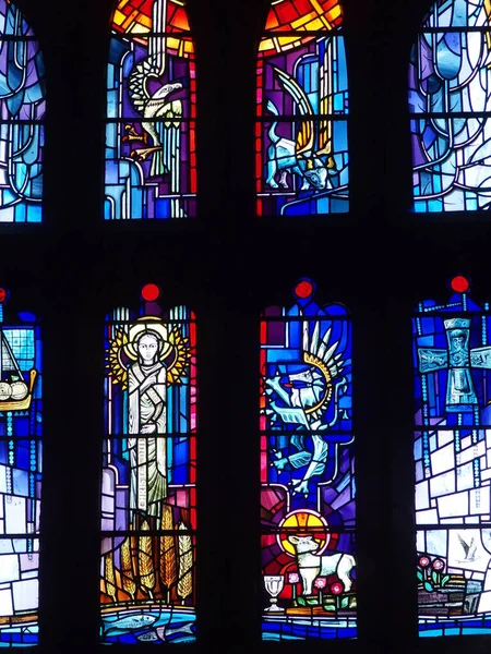 Colorful stained glass windows in St Magnus Cathedral in Kirkwall, Orkney Islands, Scotland, United Kingdom