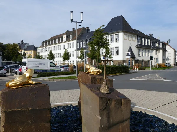 Art Objects Middle Roundabout Front Historic Building Attendorn North Rhine — Stockfoto