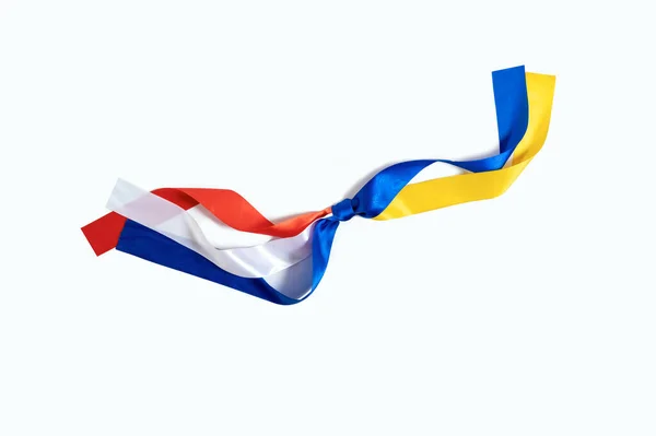 Two Flags Netherlands Ukraine Tied Knot White Background Friendship Donation — Stock Photo, Image