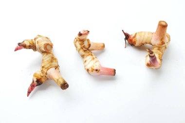 Kapat ve üst görünüm Taze galangal, sebzeler beyaz arka planda izole