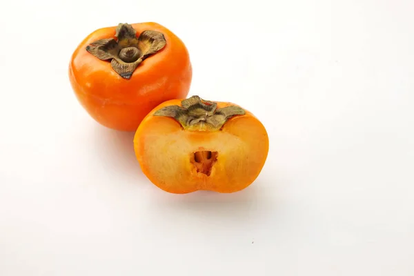 Fresh Sweet Ripe Orange Persimmon Cut Half Fruit Isolate White — Stockfoto