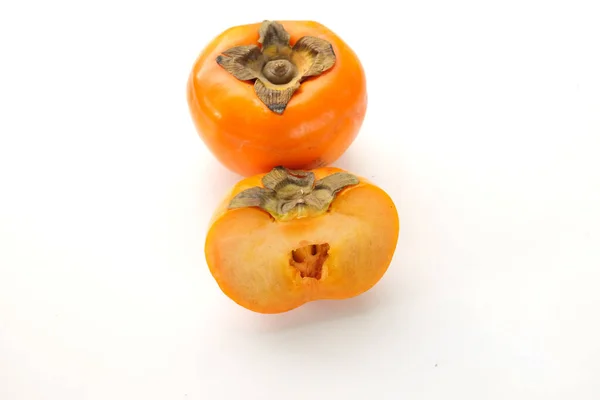 Fresh Sweet Ripe Orange Persimmon Cut Half Fruit Isolate White — Stockfoto