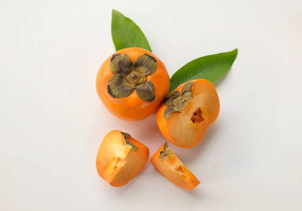 Fresh Sweet Ripe Orange Persimmon Cut Half Fruit Isolate White — Foto Stock