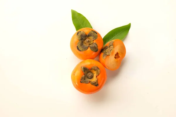 Fresh Sweet Ripe Orange Persimmon Cut Half Fruit Isolate White — Foto Stock