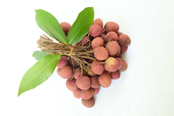 Bouquet Litchi Frais Mûr Avec Des Feuilles Vertes Sur Panier — Photo