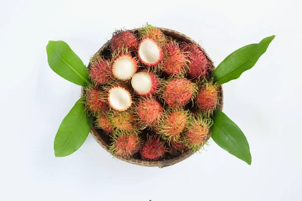 Vue Dessus Une Coquille Rouge Fraîche Rambutan Mûr Nephelium Lappaceum — Photo