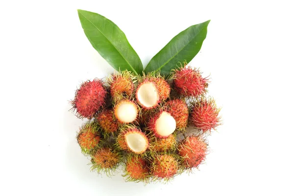 Top View Fresh Red Ripe Rambutan Nephelium Lappaceum Leaves Isolate — Photo