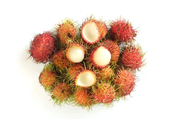 Top View Fresh Red Ripe Rambutan Nephelium Lappaceum Isolate White — Fotografia de Stock