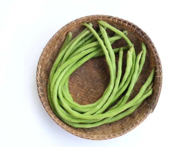 Fresh Raw Organic Yard Long Bean Basket Isolate White Background — Stock Fotó