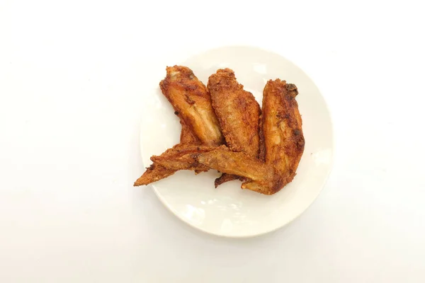 Close Fried Chicken Wings White Dish Isolate White Bsckground — Stock fotografie