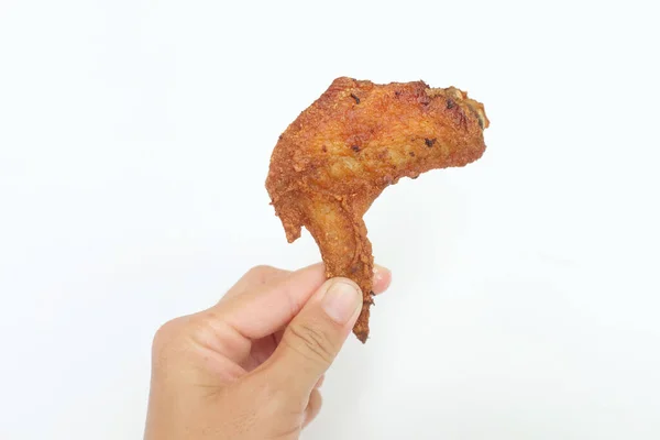 Close Woman Hand Holding Fried Chicken Wings White Dish Iaolate — Stock Photo, Image