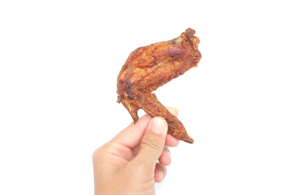 Close Woman Hand Holding Fried Chicken Wings White Dish Iaolate — 스톡 사진